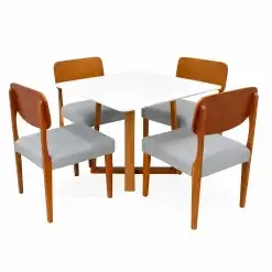 Mesa De Jantar Bali 90x90cm Com Vidro E 4 Cadeiras Barcelona Em Linho Madeira Minas Plac Cinamomo Off White Com Tecido Cinza 15693