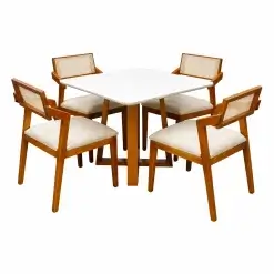 Mesa De Jantar Bali 90x90cm Com Vidro E 4 Cadeiras Berlim Hr Em Linho Madeira Minas Plac Cinamomo Off White Com Tecido Bege 93423