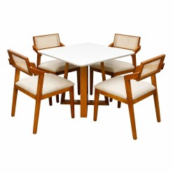 Mesa De Jantar Bali 90x90cm Com Vidro E 4 Cadeiras Berlim Hr Em Linho Madeira Minas Plac Cinamomo Off White Com Tecido Bege 93423