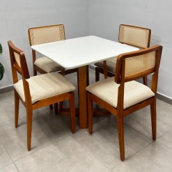 Mesa De Jantar Bali 90x90cm Com Vidro E 4 Cadeiras Canada Em Linho Madeira Minas Plac 29453