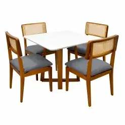 Mesa De Jantar Bali 90x90cm Com Vidro E 4 Cadeiras Canada Em Linho Madeira Minas Plac Cinamomo Off White Com Tecido Cinza 89298