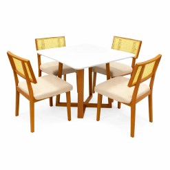 Mesa De Jantar Bali 90x90cm Com Vidro E 4 Cadeiras Diamante Em Linho Madeira Minas Plac Cinamomo Off White Com Tecido Bege 60024