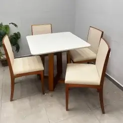 Mesa De Jantar Bali 90x90cm Com Vidro E 4 Cadeiras Lara Kappesberg Em Linho Madeira Minas Plac 48913