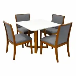 Mesa De Jantar Bali 90x90cm Com Vidro E 4 Cadeiras Lara Kappesberg Em Linho Madeira Minas Plac Cinamomo Off White Com Tecido Cinza 58549