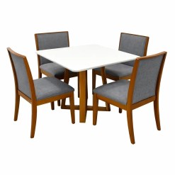 Mesa De Jantar Bali 90x90cm Com Vidro E 4 Cadeiras Lara Kappesberg Em Linho Madeira Minas Plac Cinamomo Off White Com Tecido Cinza 58549