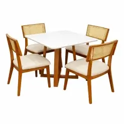Mesa De Jantar Bali 90x90cm Com Vidro E 4 Cadeiras Livia Em Linho Madeira Minas Plac Cinamomo Off White Com Tecido Bege 45915