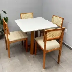 Mesa De Jantar Bali 90x90cm Com Vidro E 4 Cadeiras Monalisa Em Linho Madeira Minas Plac 29876