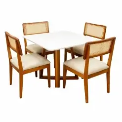 Mesa De Jantar Bali 90x90cm Com Vidro E 4 Cadeiras Monalisa Em Linho Madeira Minas Plac Cinamomo Off White Com Tecido Bege 54033