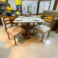 Mesa De Jantar Bali 90x90cm Com Vidro E 4 Cadeiras Turquia Em Linho Madeira Minas Plac 54112