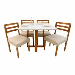 Mesa De Jantar Bali 90x90cm Com Vidro E 4 Cadeiras Turquia Em Linho Madeira Minas Plac Cinamomo Off White Com Tecido Bege 66873
