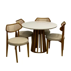 Mesa De Jantar Berlim 100cm Redonda Com Vidro E 4 Cadeiras Athenas Em Linho Madeira Cel Moveis Cinamomo Off White Com Tecido Bege 82771