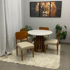 Mesa De Jantar Berlim 100cm Redonda Com Vidro E 4 Cadeiras Barcelona Em Linho Madeira Cel Moveis 76775