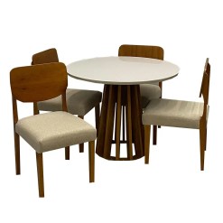 Mesa De Jantar Berlim 100cm Redonda Com Vidro E 4 Cadeiras Barcelona Em Linho Madeira Cel Moveis Cinamomo Off White Com Tecido Bege 52012