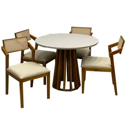Mesa De Jantar Berlim 100cm Redonda Com Vidro E 4 Cadeiras Berlim Hr Em Linho Madeira Cel Moveis Cinamomo Off White Com Tecido Bege 52555