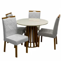 Mesa De Jantar Berlim 100cm Redonda Com Vidro E 4 Cadeiras California Em Linho Estofadas Cel Moveis Cinamomo Off White Com Tecido Cinza 77741