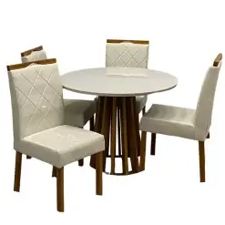 Mesa De Jantar Berlim 100cm Redonda Com Vidro E 4 Cadeiras California Em Veludo Estofadas Cel Moveis Cinamomo Off White Com Tecido Bege 33304