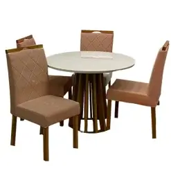 Mesa De Jantar Berlim 100cm Redonda Com Vidro E 4 Cadeiras California Em Veludo Estofadas Cel Moveis Cinamomo Off White Com Tecido Marrom 94782