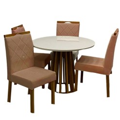 Mesa De Jantar Berlim 100cm Redonda Com Vidro E 4 Cadeiras California Em Veludo Estofadas Cel Moveis Cinamomo Off White Com Tecido Marrom 94782