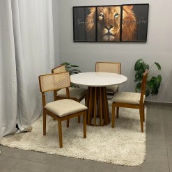 Mesa De Jantar Berlim 100cm Redonda Com Vidro E 4 Cadeiras Canada Em Linho Madeira Cel Moveis 24596