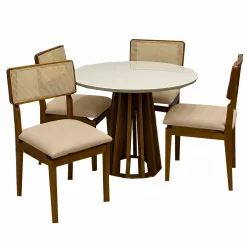 Mesa De Jantar Berlim 100cm Redonda Com Vidro E 4 Cadeiras Canada Em Linho Madeira Cel Moveis Cinamomo Off White Com Tecido Bege 21870