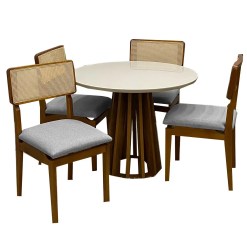 Mesa De Jantar Berlim 100cm Redonda Com Vidro E 4 Cadeiras Canada Em Linho Madeira Cel Moveis Cinamomo Off White Com Tecido Cinza 96325