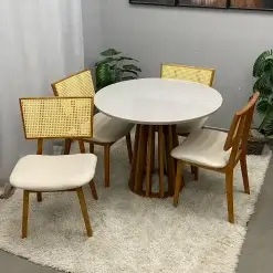 Mesa De Jantar Berlim 100cm Redonda Com Vidro E 4 Cadeiras Diamante Em Linho Madeira Cel Moveis 93331