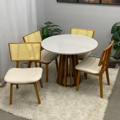 Mesa De Jantar Berlim 100cm Redonda Com Vidro E 4 Cadeiras Diamante Em Linho Madeira Cel Moveis 93331