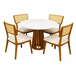 Mesa De Jantar Berlim 100cm Redonda Com Vidro E 4 Cadeiras Diamante Em Linho Madeira Cel Moveis Cinamomo Off White Com Tecido Bege 58682