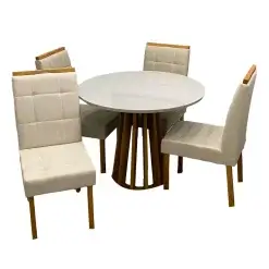 Mesa De Jantar Berlim 100cm Redonda Com Vidro E 4 Cadeiras Giulia Em Linho Estofadas Cel Moveis Cinamomo Off White Com Tecido Bege 76889