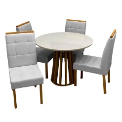 Mesa De Jantar Berlim 100cm Redonda Com Vidro E 4 Cadeiras Giulia Em Linho Estofadas Cel Moveis Cinamomo Off White Com Tecido Cinza 31675