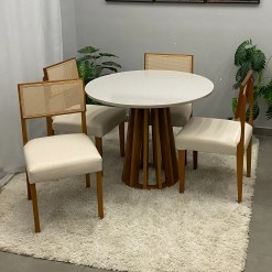 Mesa De Jantar Berlim 100cm Redonda Com Vidro E 4 Cadeiras Grecia Em Linho Madeira Cel Moveis 44147