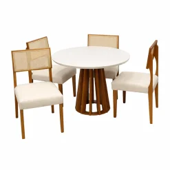 Mesa De Jantar Berlim 100cm Redonda Com Vidro E 4 Cadeiras Grecia Em Linho Madeira Cel Moveis Cinamomo Off White Com Tecido Bege 76788