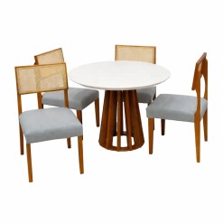 Mesa De Jantar Berlim 100cm Redonda Com Vidro E 4 Cadeiras Grecia Em Linho Madeira Cel Moveis Cinamomo Off White Com Tecido Cinza 50709