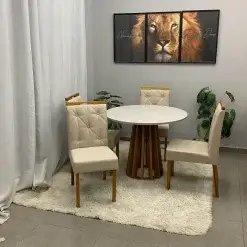 Mesa De Jantar Berlim 100cm Redonda Com Vidro E 4 Cadeiras Jasmim Em Linho Estofadas Cel Moveis 88575