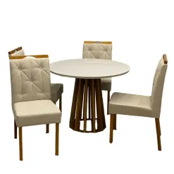 Mesa De Jantar Berlim 100cm Redonda Com Vidro E 4 Cadeiras Jasmim Em Linho Estofadas Cel Moveis Cinamomo Off White Com Tecido Bege 19876