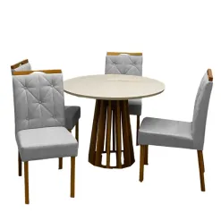 Mesa De Jantar Berlim 100cm Redonda Com Vidro E 4 Cadeiras Jasmim Em Linho Estofadas Cel Moveis Cinamomo Off White Com Tecido Cinza 17545