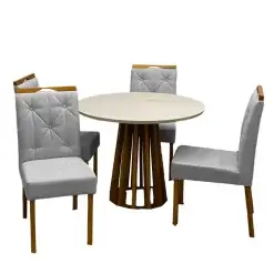 Mesa De Jantar Berlim 100cm Redonda Com Vidro E 4 Cadeiras Jasmim Em Veludo Estofadas Cel Moveis Cinamomo Off White Com Tecido Cinza 82847