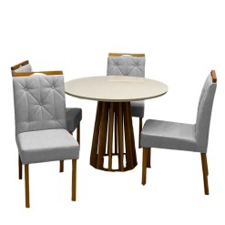 Mesa De Jantar Berlim 100cm Redonda Com Vidro E 4 Cadeiras Jasmim Em Veludo Estofadas Cel Moveis Cinamomo Off White Com Tecido Cinza 82847