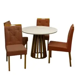 Mesa De Jantar Berlim 100cm Redonda Com Vidro E 4 Cadeiras Jasmim Em Veludo Estofadas Cel Moveis Cinamomo Off White Com Tecido Marrom 44496