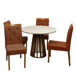 Mesa De Jantar Berlim 100cm Redonda Com Vidro E 4 Cadeiras Jasmim Em Veludo Estofadas Cel Moveis Cinamomo Off White Com Tecido Marrom 44496