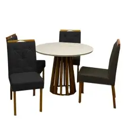 Mesa De Jantar Berlim 100cm Redonda Com Vidro E 4 Cadeiras Jasmim Em Veludo Estofadas Cel Moveis Cinamomo Off White Com Tecido Preto 64180