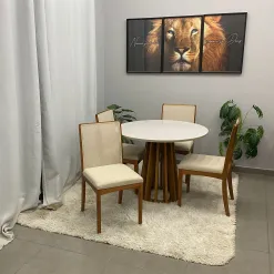 Mesa De Jantar Berlim 100cm Redonda Com Vidro E 4 Cadeiras Lara Kappesberg Em Linho Madeira Cel Moveis 41523