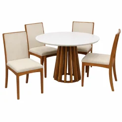 Mesa De Jantar Berlim 100cm Redonda Com Vidro E 4 Cadeiras Lara Kappesberg Em Linho Madeira Cel Moveis Cinamomo Off White Com Tecido Bege 72960