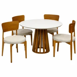 Mesa De Jantar Berlim 100cm Redonda Com Vidro E 4 Cadeiras Maldivas Em Linho Madeira Cel Moveis Cinamomo Off White Com Tecido Bege 61466