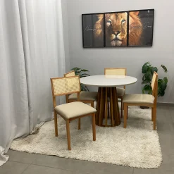Mesa De Jantar Berlim 100cm Redonda Com Vidro E 4 Cadeiras Monalisa Em Linho Madeira Cel Moveis 50622