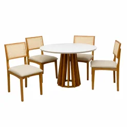 Mesa De Jantar Berlim 100cm Redonda Com Vidro E 4 Cadeiras Monalisa Em Linho Madeira Cel Moveis Cinamomo Off White Com Tecido Bege 60240