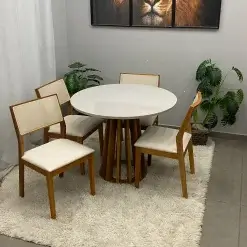 Mesa De Jantar Berlim 100cm Redonda Com Vidro E 4 Cadeiras Oiti Em Linho Madeira Cel Moveis 14653
