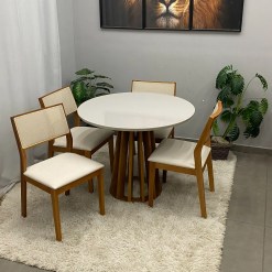 Mesa De Jantar Berlim 100cm Redonda Com Vidro E 4 Cadeiras Oiti Em Linho Madeira Cel Moveis 14653