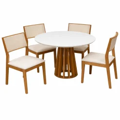 Mesa De Jantar Berlim 100cm Redonda Com Vidro E 4 Cadeiras Oiti Em Linho Madeira Cel Moveis Cinamomo Off White Com Tecido Bege 57076