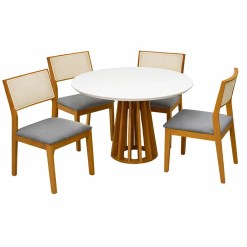 Mesa De Jantar Berlim 100cm Redonda Com Vidro E 4 Cadeiras Oiti Em Linho Madeira Cel Moveis Cinamomo Off White Com Tecido Cinza 85485